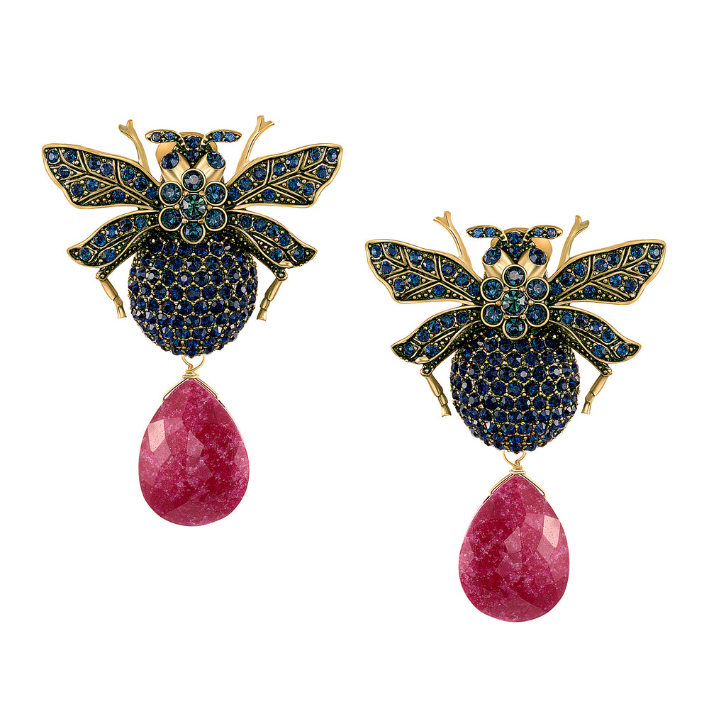 Azaara Vintage Ruby Drop Clip On Bumble Bee Earrings