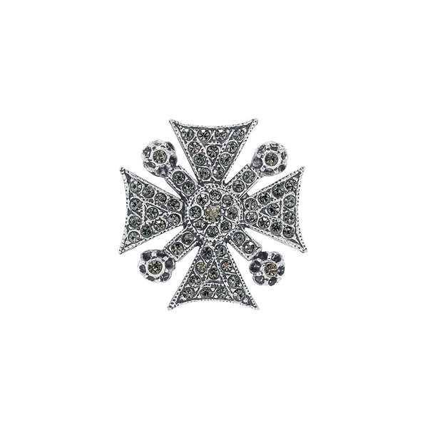 Small Vintage Black Diamond Crystal Maltese Cross Brooch