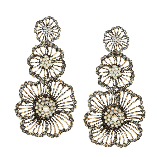 Vintage Triple Flower Vintage Pearl and Crystal Earrings