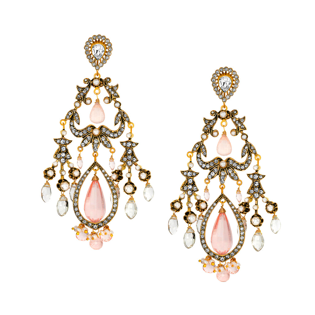 Vintage Pearl Reign Earrings with Rose Quartz Drops