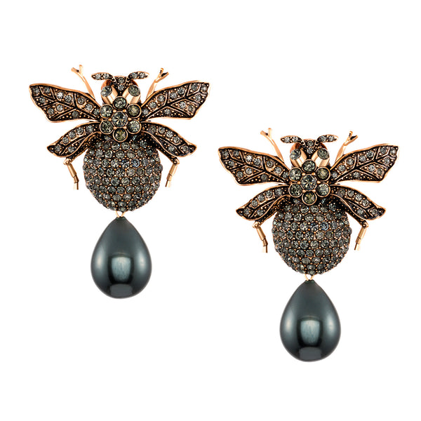Azaara Vintage Black Pearl Drop Clip On Bumble Bee Earrings
