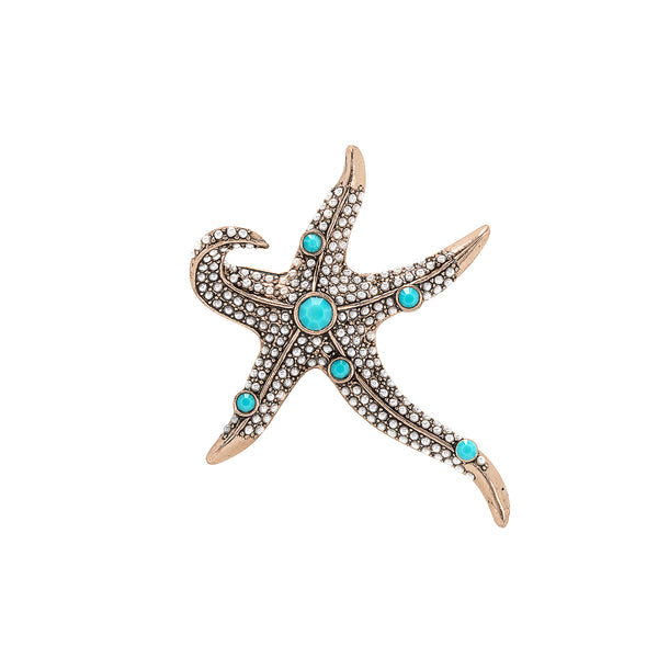 Vintage Crystal and Turquoise Starfish Brooch